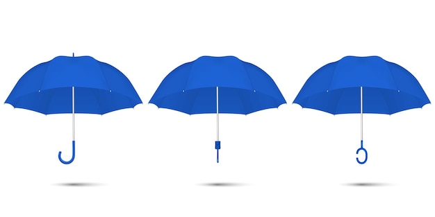 Vector 3d realista renderização azul em branco guarda-chuva ícone conjunto closeup isolado no fundo branco modelo de design de guarda-sóis abertos para maquete branding anunciar etc vista superior e frontal
