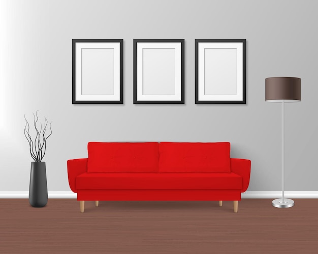 Vector 3d realista renderização sofá vermelho sofá com travesseiros em estilo simples no quarto moderno apartamento salão galeria de arte sala de estar sala de recepção ou escritório interior branco cartazes na parede