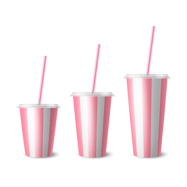 Vector 3d realista rosa branco listrado papel descartável conjunto de copo tampa palha bebidas bebidas café refrigerante chá cocktail modelo de design de embalagem para maquete vista frontal isolado