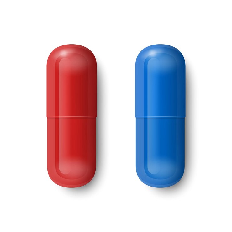 Vetor vector 3d realista vermelho e azul farmacêutico médico pílula cápsula conjunto isolado