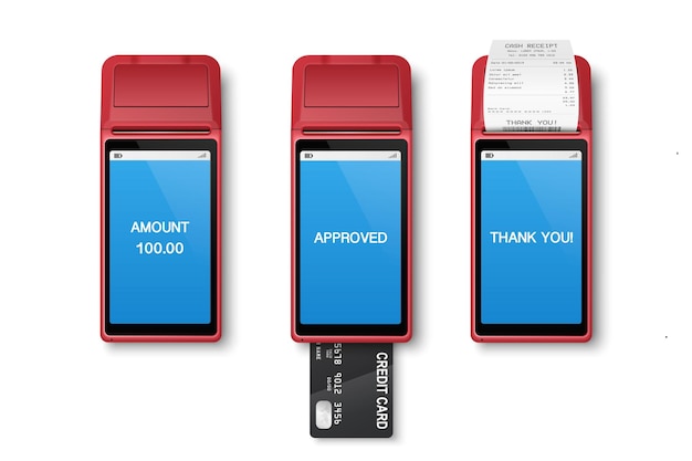 Vector 3d realista vermelho wi-fi máquina de pagamento recibo de cartão de crédito terminal pos design isolado template terminal de pagamento bancário mockup processamento nfc pagamentos dispositivo vista superior