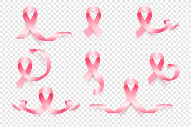 Vector 3d realistic pink ribbon set símbolo de conscientização sobre o câncer de mama closeup cancer ribbon template silk ribbons conceito do dia mundial do câncer de mama