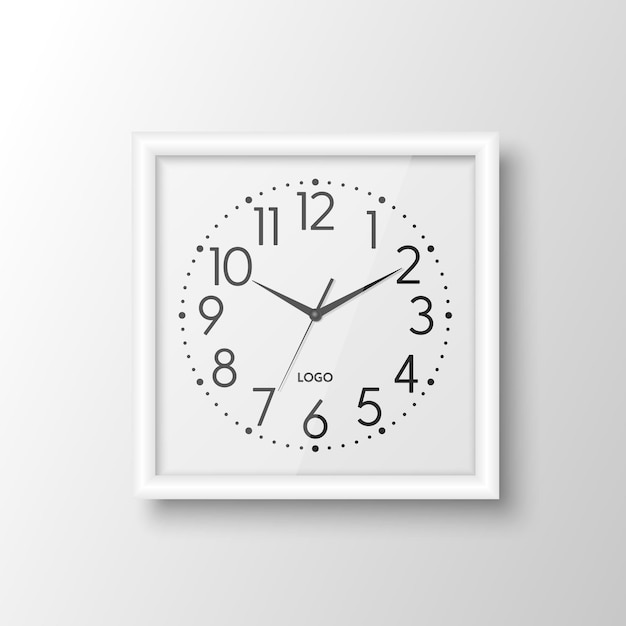 Vector 3d realistic white square wall office clock design template (template de projeto de relógio de escritório em quadrado branco realista)