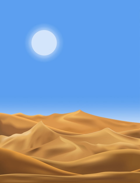 Vetor vector a ilustração da paisagem do panorama do deserto com as dunas de areia no verão muito quente do dia ensolarado, areia vazia da natureza panorâmico minimalista dos desenhos animados e sol com céu limpo.