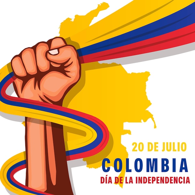 Vector a ilustração de 20 de julio com a mão segurando a bandeira colombiana