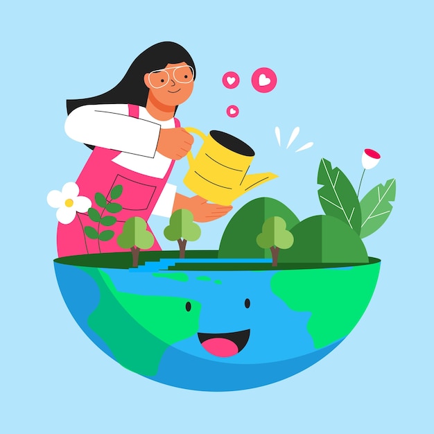 Vector a ilustração plana do conceito do dia mundial do meio ambiente com mulher regando a planta, cuide da terra