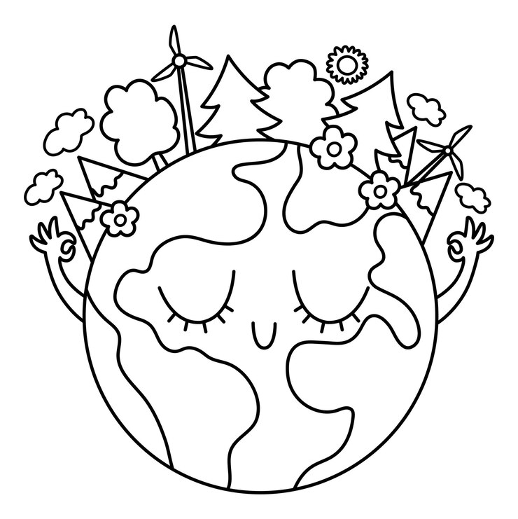 Vetor vector a terra preto e branco para crianças ilustração da linha do dia da terra com um lindo planeta sorridente kawaii com olhos fechados ícone favorável ao meio ambiente ou página para colorir com globo e floresta