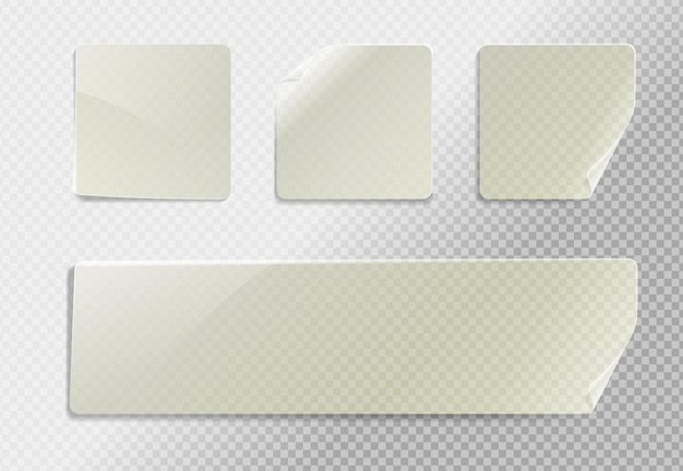 Vetor vector adesivo quadrado plástico transparente em branco simulado com canto curvo. maquete de banner de etiqueta adesiva quadrática vazia com dobra. modelo de etiqueta aderente transparente para superfície de vidro.