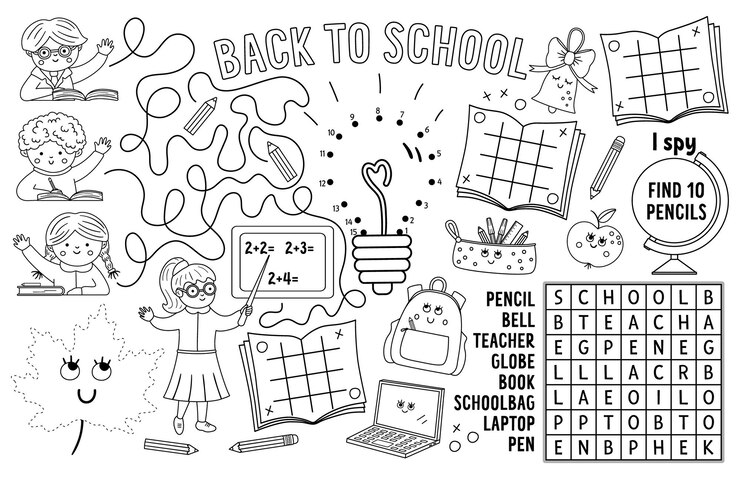Vetor vector back to school placemat para crianças tapete de atividades para impressão de outono com labirinto, página para colorir