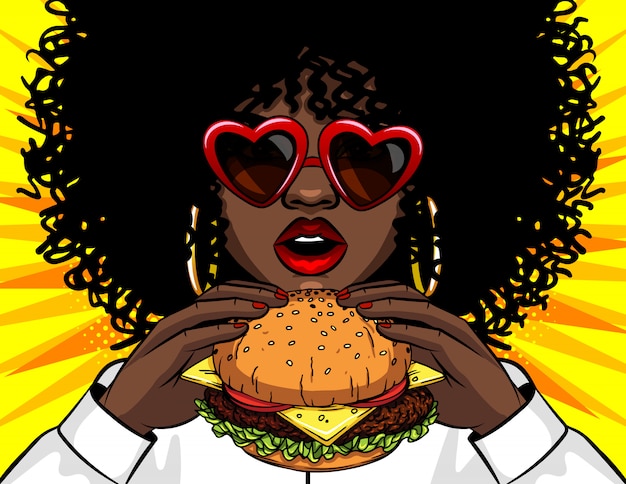 Vector bandeira mulher afro-americana comendo um hambúrguer. ilustração em vetor retrô pop art dos desenhos animados em quadrinhos desenho femininas mãos segurando um sanduíche gostoso