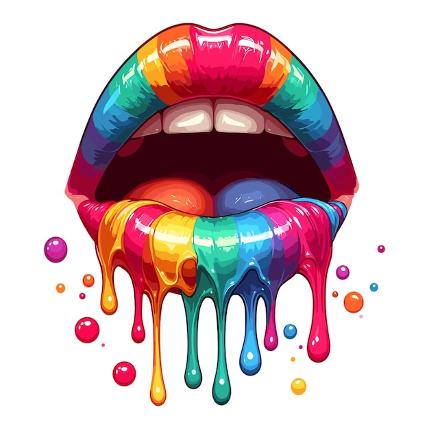 Vector Boca aberta de mulher com lábios brilhantes de cor arco-íris e corante líquido