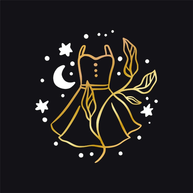 Vector boho mulher vestido de moda ícone celestial - logotipo de ouro estrela e lua