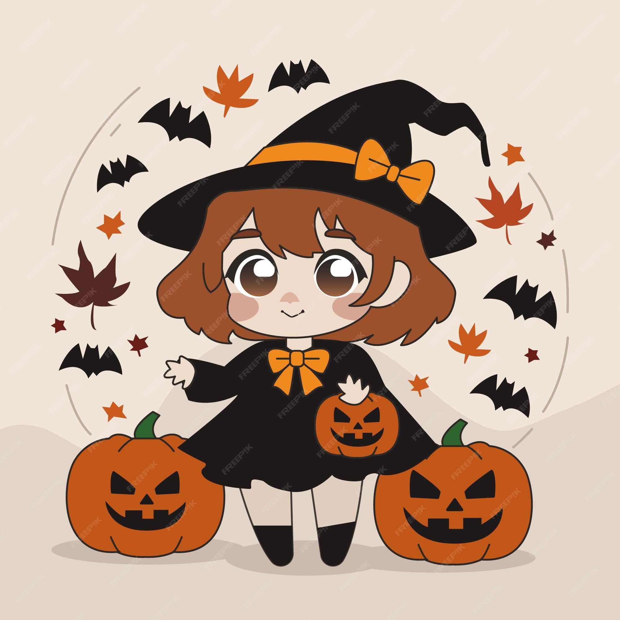 Vector bonitinha chibi anime bruxa bruxa halloween