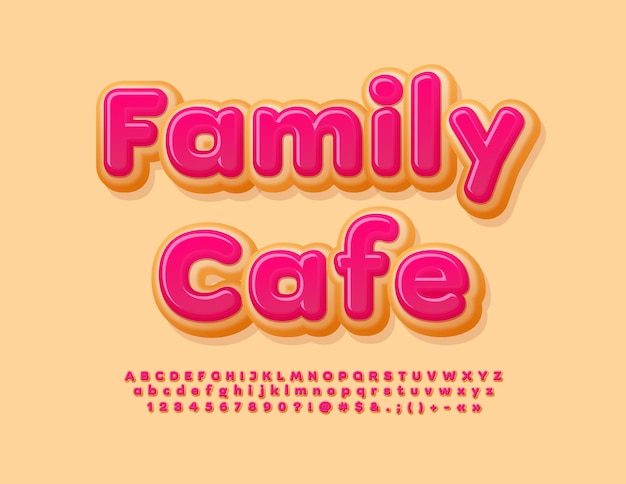 Vetor vector bonito bandeira family cafe com rosa vidrado alfabeto letras e números conjunto tasty cake font