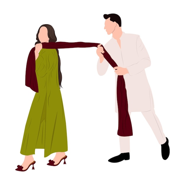 Vector bonito casal indiano desenho animado em vestido tradicional posando para design de cartão de convite de casamento