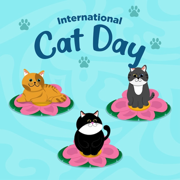 Vector bonito dia internacional do gato desenho de mão plana tema gato na ilustração de flor de lótus