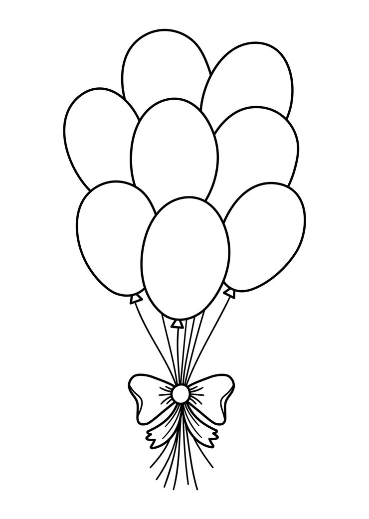 Vetor vector bonito monte preto e branco de balões com laço. presente de aniversário engraçado para cartão, pôster, design de impressão. ilustração de férias de contorno para crianças. ícone de linha alegre isolado no fundo branco.