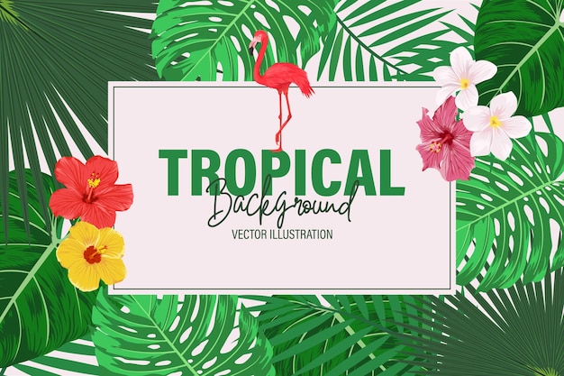 Vector Botanical Tropical Jungle Banner fundo com folhas de palmeira Flores exóticas Plantas Flamingo Verão Praia Tropical Floral Desenho havaiano com Hibiscus Palm Leaf Monstera Plumeria Flor