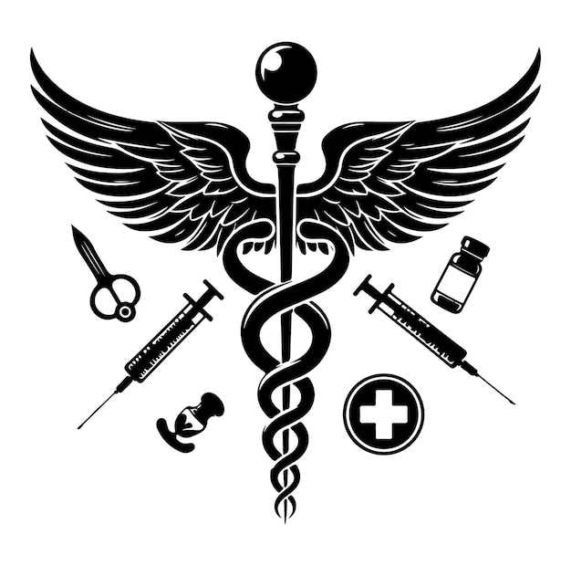 Vetor vector caduceus símbolo de saúde asclepius ícone de varinha silhueta de cor preta ilustração vetorial