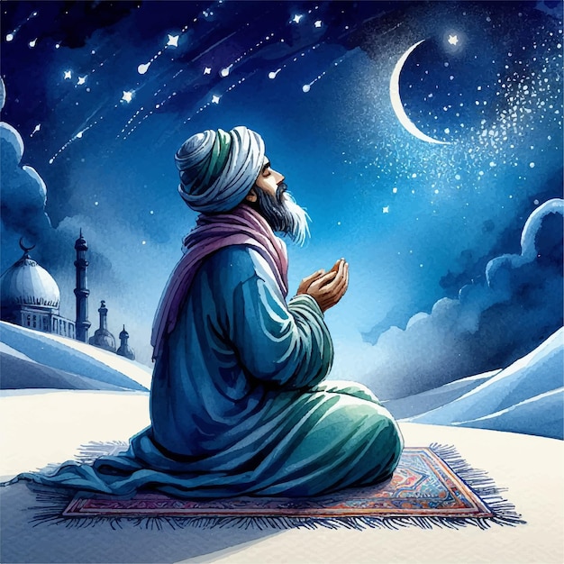 Vector cartão de saudação do ramadão arte homem muçulmano rezando no céu estrelado à meia-noite no inverno