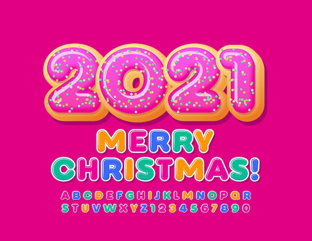 Vector cartão feliz natal 2021 com donuts. fonte de crianças brilhantes. conjunto de letras e números do alfabeto colorido