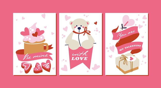 Vetor vector cartões de modelo de dia dos namorados com atributos, sinais e símbolos de amor. bonitos fundos românticos.