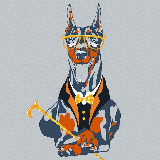 Vector cartoon engraçado cão hipster raça Doberman Pinscher