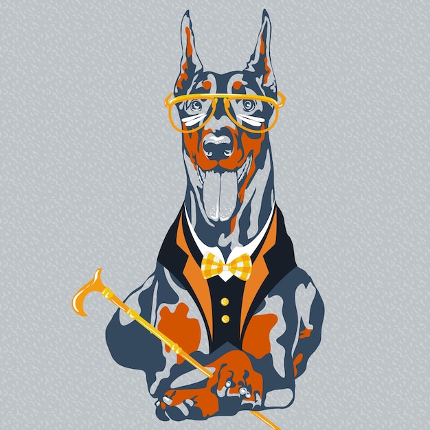 Vector cartoon engraçado cão hipster raça doberman pinscher