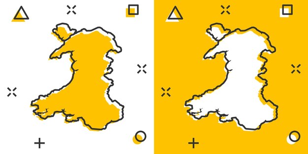 Vector cartoon ícone do mapa do país de gales em estilo cômico ilustração de sinal do país de gales pictograma mapa de cartografia conceito de efeito de respingo de negócios