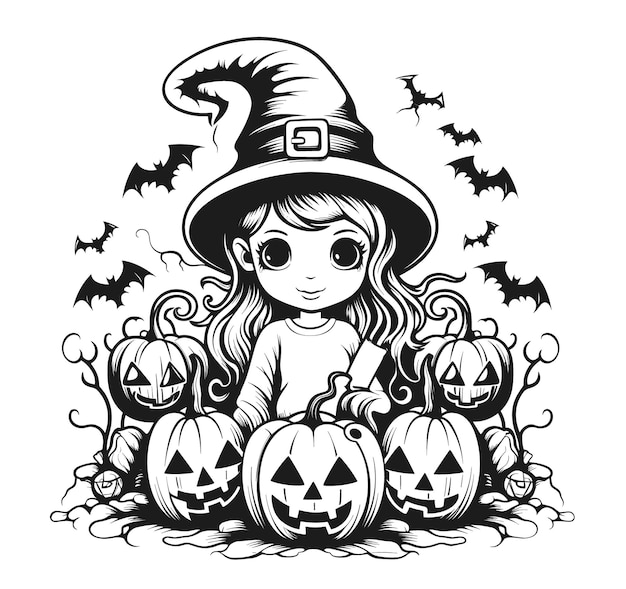 Vector cartoon menina fantasiada de bruxa de Halloween com abóbora de Halloween feliz dia das bruxas em branco