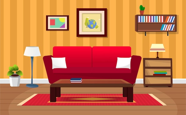 Vector cartoon sala interior com sofá, mesa, planta de casa, lâmpada.