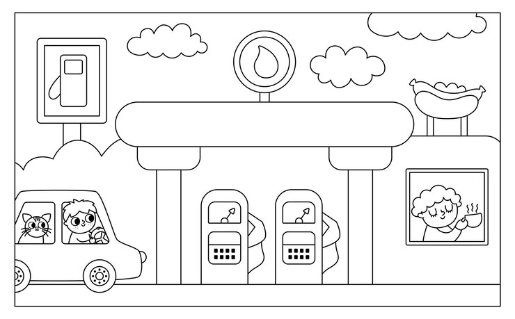 Vector cena horizontal preto e branco com um menino dirigindo um carro com um gato chegando a um posto de gasolina com um café Ilustração de linha de transporte ou página de coloração Criança bonita dirigindo transporte Paisagem rodoviária