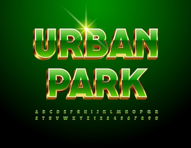 Vetor vector conceito moderno parque urbano com elite 3d font set de letras do alfabeto verde e dourado