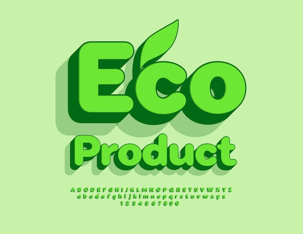 Vetor vector conceito saudável eco produto com folha decorativa 3d fonte verde letras do alfabeto brilhante conjunto