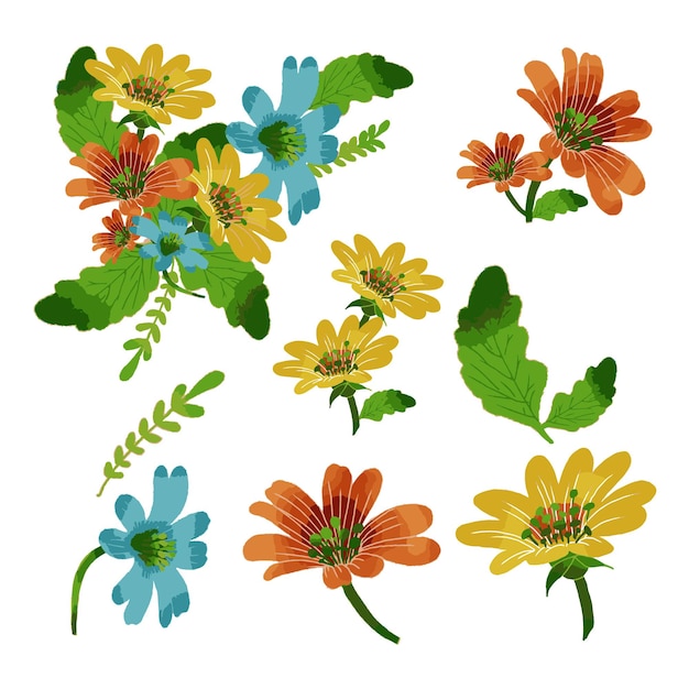 Vector Conjunto botânico de flores silvestres conjunto de peças separadas e reunidas para um lindo buquê de flores em cores de água