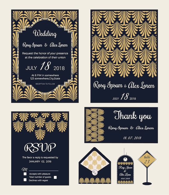 Vector conjunto de cartões de convite com elementos Coleção de casamento