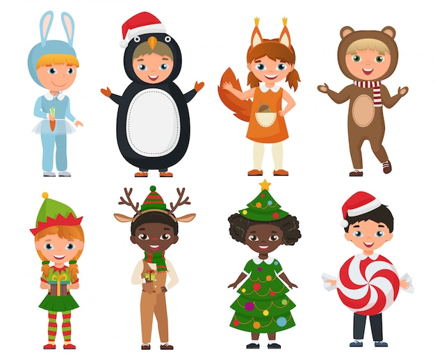 Vetor vector conjunto de lindos filhos vestindo trajes de roupas de natal.