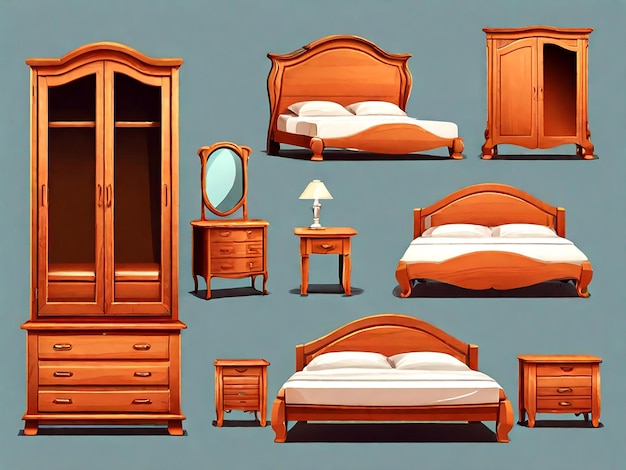 Vector Conjunto de móveis de madeira cama e armário isolado