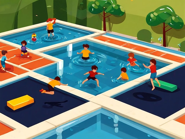 Vetor vector conjunto plano de crianças pulando em trampolins e brincando em piscina com cubos de paralon macios crianças