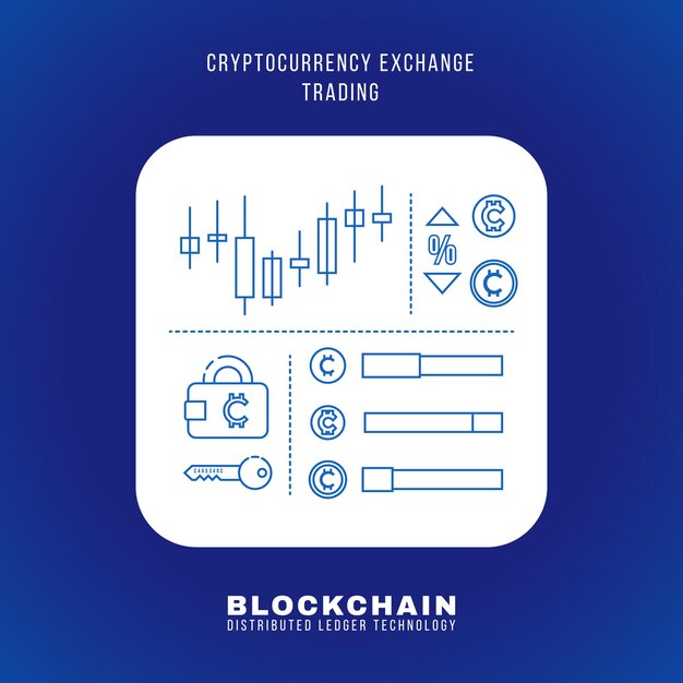 Vector contorno design blockchain criptomoeda troca princípio explicar esquema ilustração ícone quadrado arredondado branco fundo azul isolado