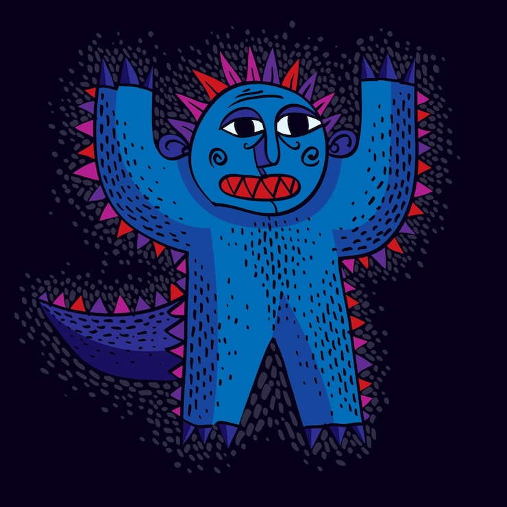 Vetor vector cool cartoon assustado monstro com as mãos para cima, simples criatura estranha. personagem mítico de clipart para uso em design gráfico e como mascote.