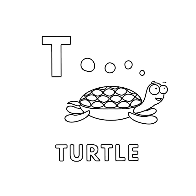 Vector cute cartoon animals alphabet turtle coloring pages