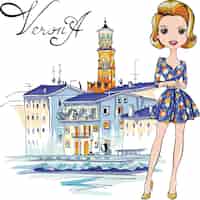 Vetor vector cute fashionale garota em vestido de flores verona itália rio adige embankment e torre lambe