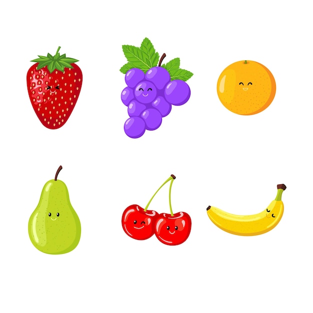 Vetor vector cute fruits set de personagens ilustração de desenho animado icon set de adesivo desenhado à mão