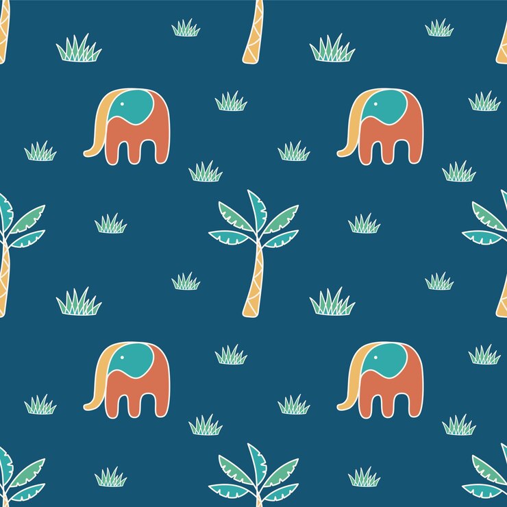 Vetor vector cute tropical elephant tree grass padrão sem costura fundo papel de parede colorido