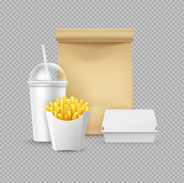 Vector de alimentos Fundo transparente Cartão realista Conjunto de fast food batatas fritas clássicas