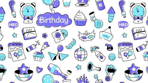 Vetor vector de aniversário em estilo doodle com elementos de celebração, alimentos e foguetes