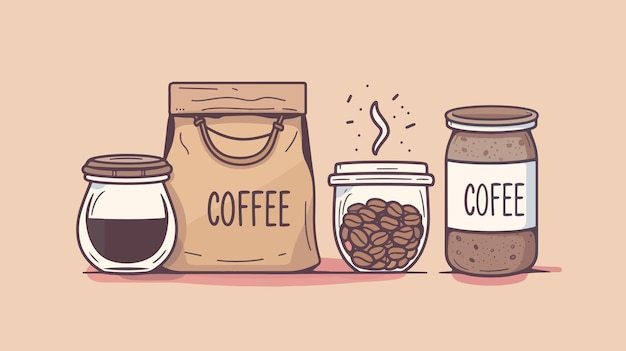 Vector de café e um saco de café com grãos de café