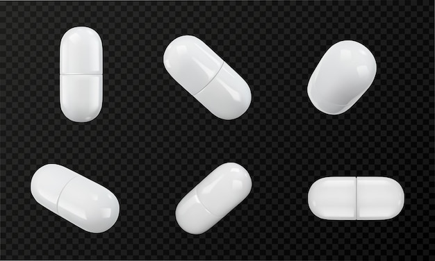 Vector de cápsulas médicas brancas realistas em múltiplos ângulos