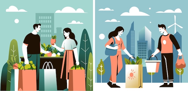 Vector de compras de alimentos urbanos sustentáveis